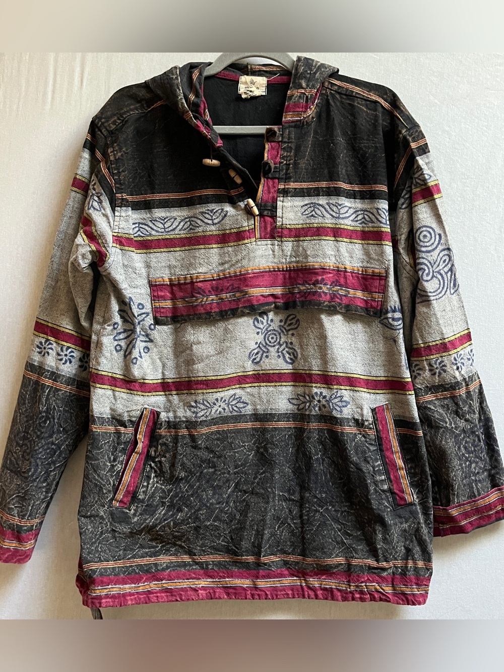 Ark Imports Striped Hooded Baja Pullover Hoodie Nepalese Cotton Sz M